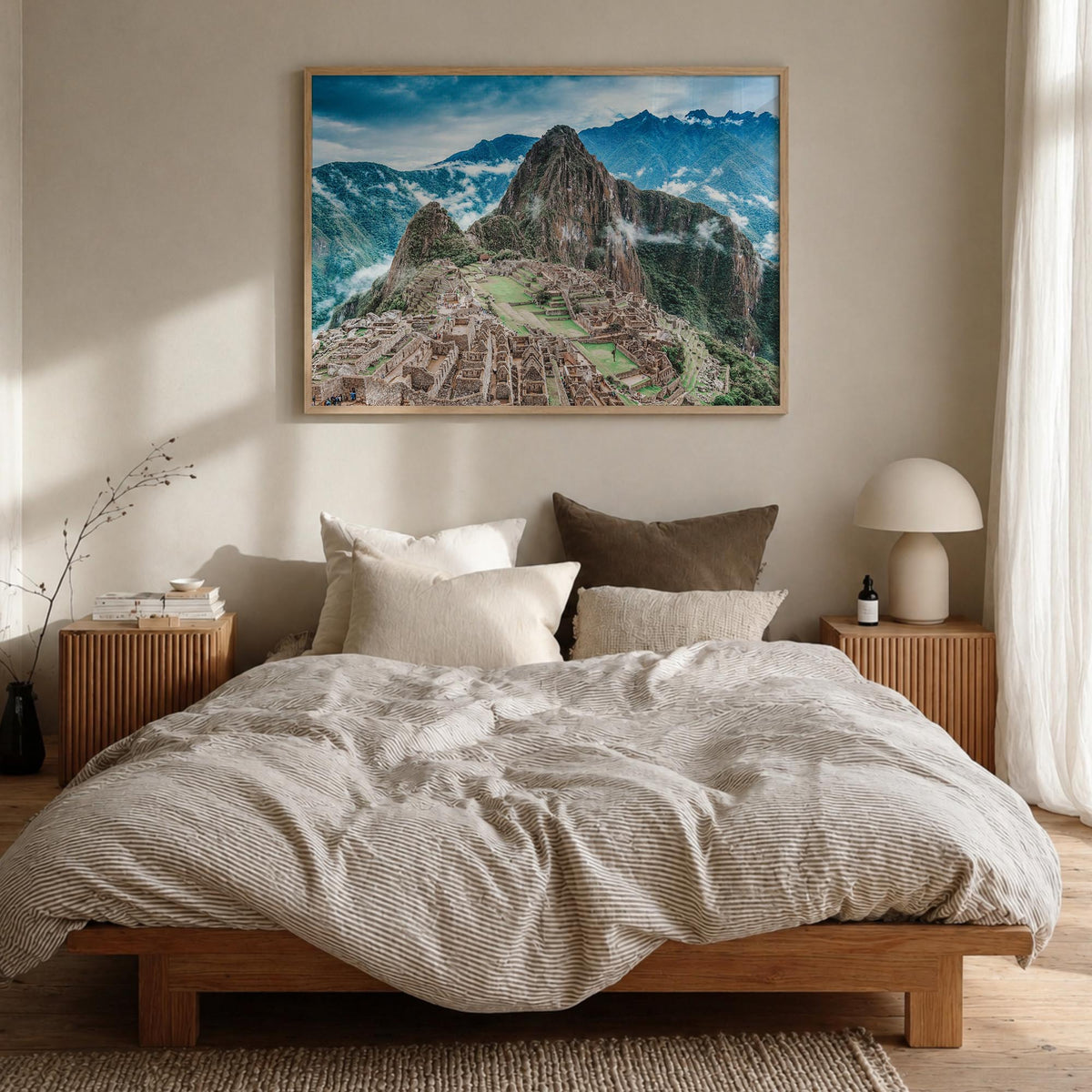 Machu Picchu colorful photo poster of Peru – horizontal wall art in natural wood frame, hanging on wall
