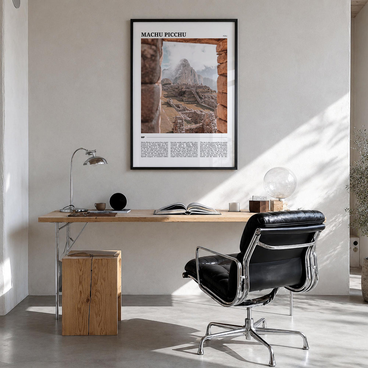 Machu Picchu colorful travel poster of Peru – vertical wall art in black wood frame, hanging on wall