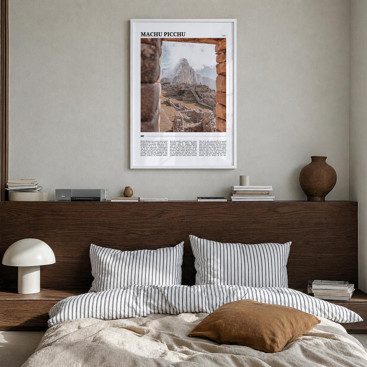 Machu Picchu colorful travel poster of Peru – vertical wall art in white wood frame, hanging on wall