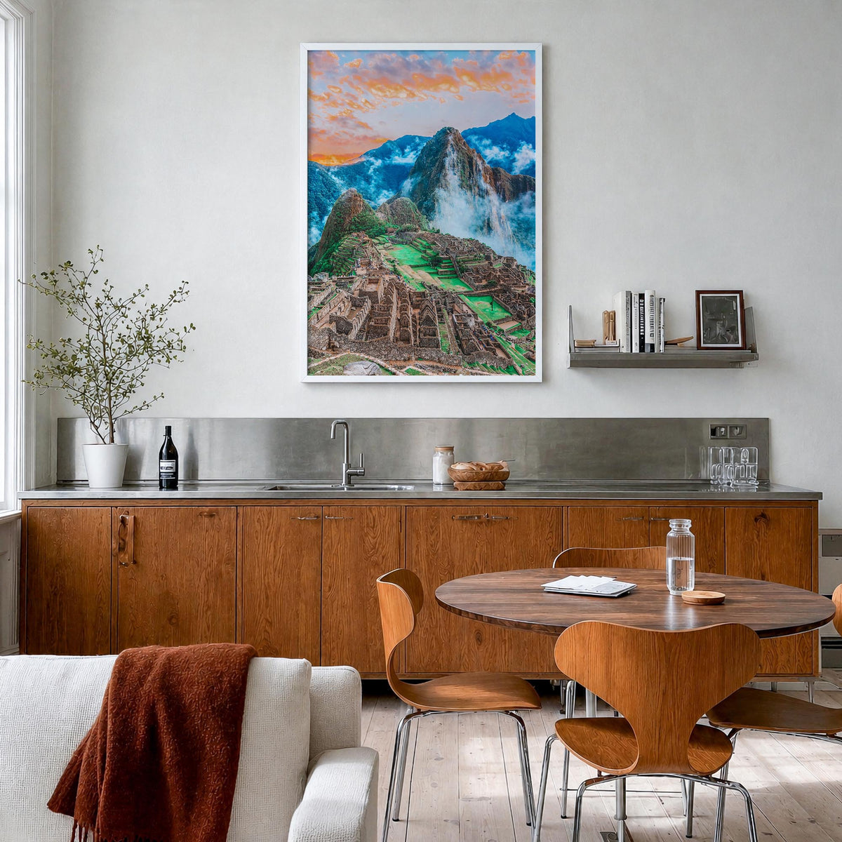 Machu Picchu no. 1 colorful photo poster of Peru – vertical wall art in white wood frame, hanging on wall