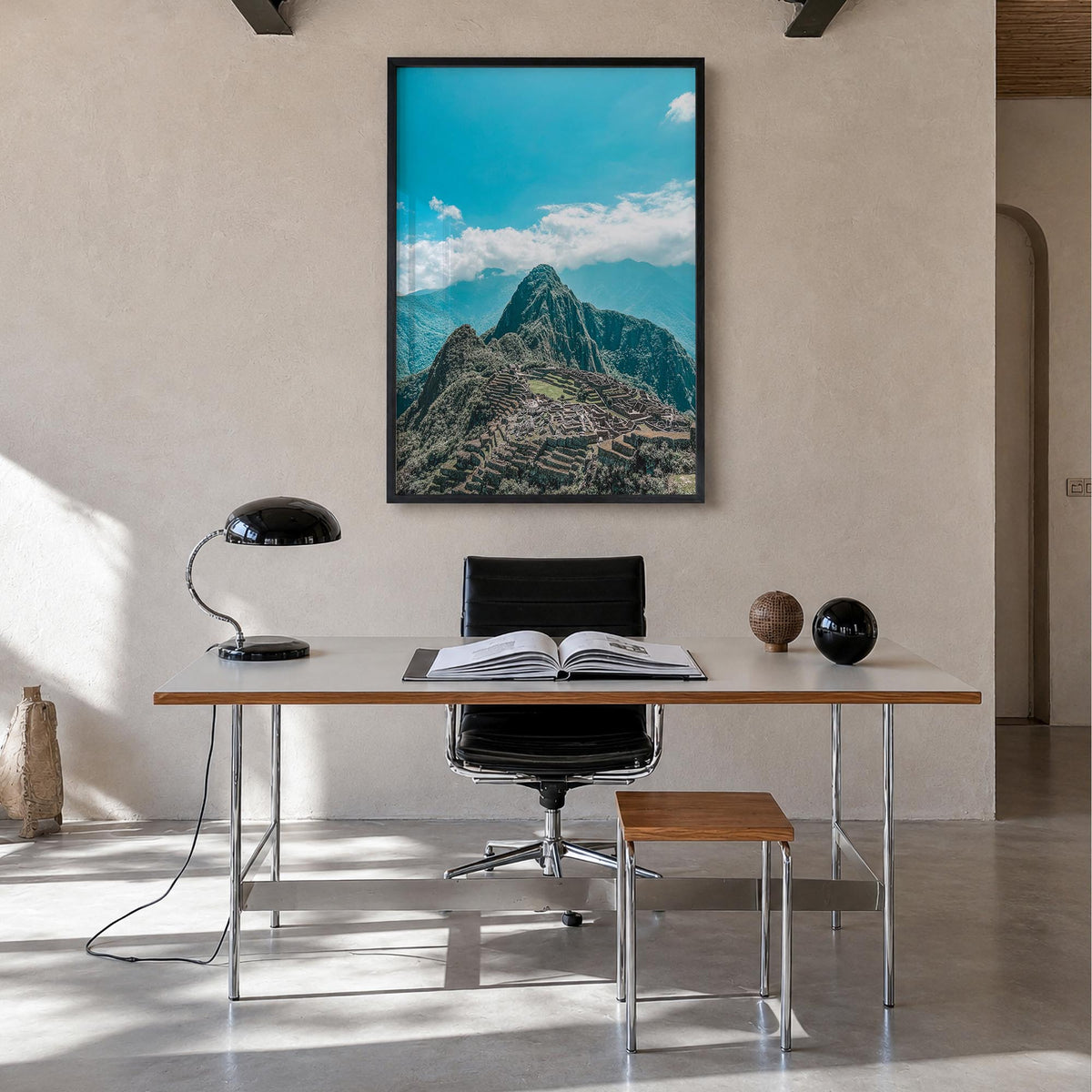 Machu Picchu no. 2 colorful photo poster of Peru – vertical wall art in black wood frame, hanging on wall