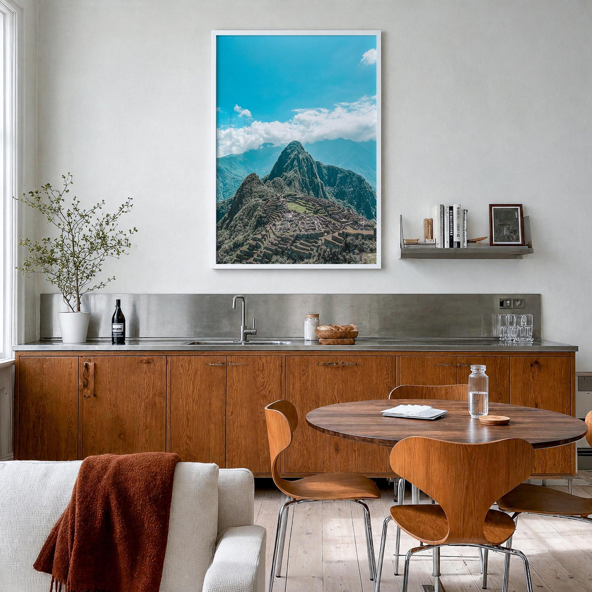 Machu Picchu no. 2 colorful photo poster of Peru – vertical wall art in white wood frame, hanging on wall