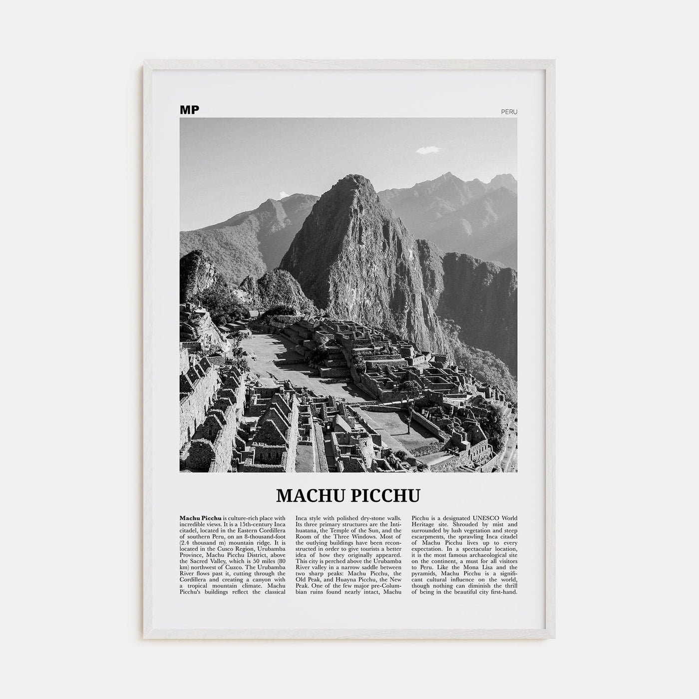 Machu Picchu Poster White Wood / 8x12 in Nbourhood Travel B&W Poster