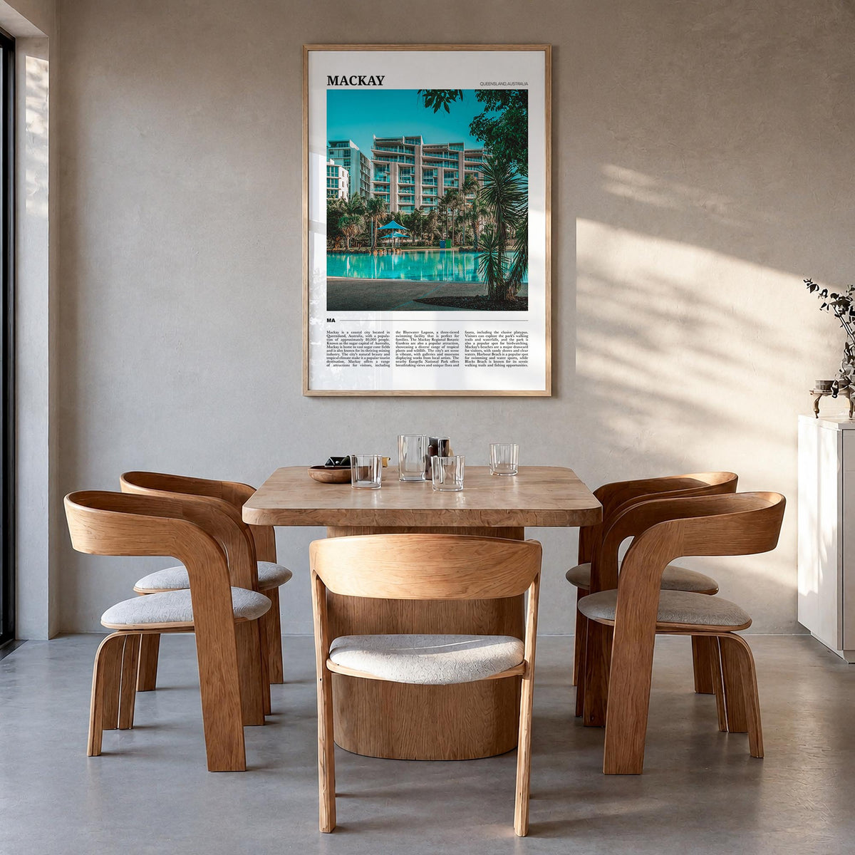 Mackay colorful travel poster of Australia – vertical wall art in natural wood frame, hanging on wall