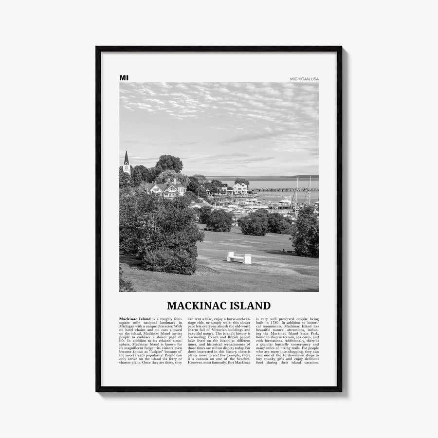 Mackinac Island black & white newspaper poster of Michigan, USA – vertical wall art, unframed print shown in interior mockup