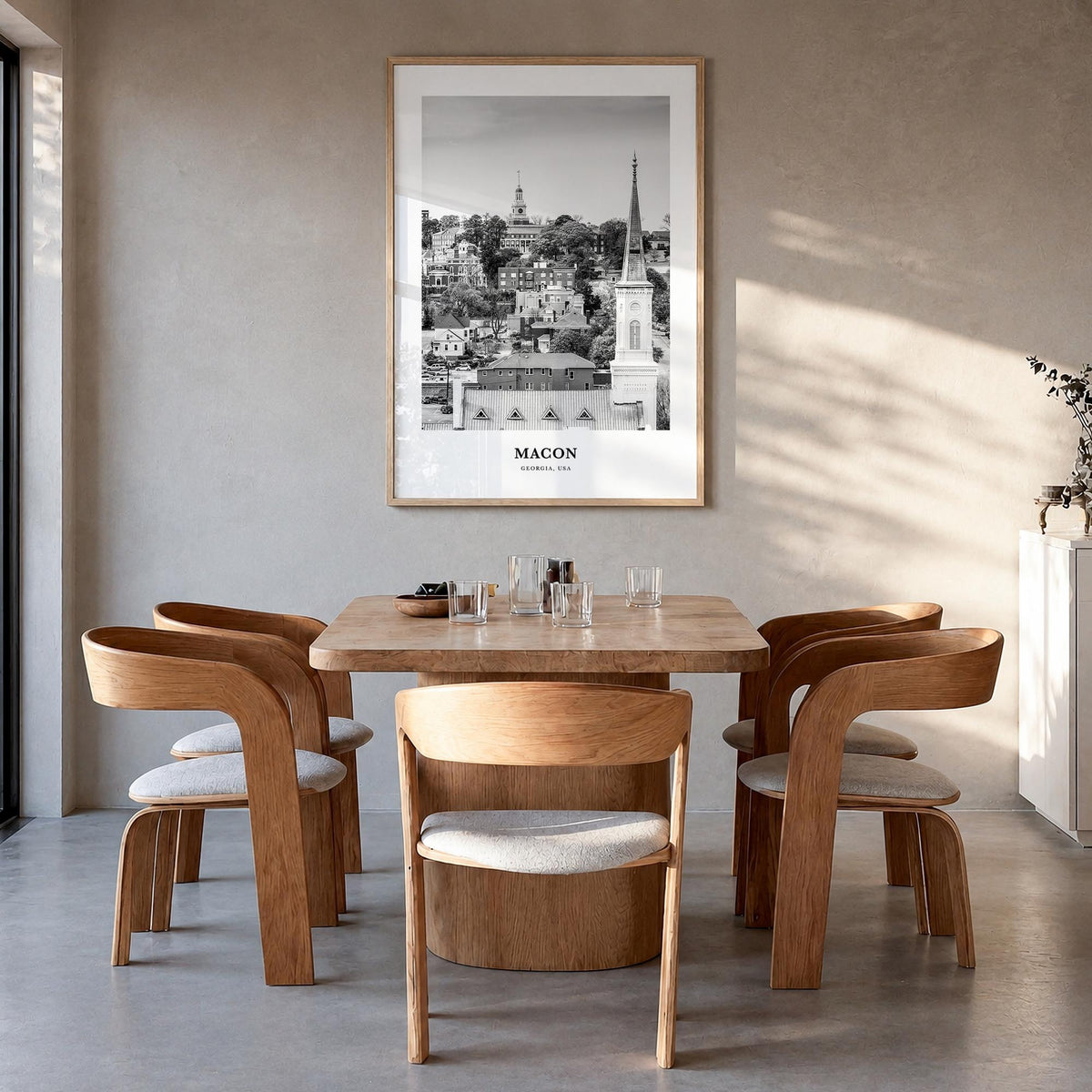 Macon black & white classic poster of Georgia, USA – vertical wall art in natural wood frame, hanging on wall