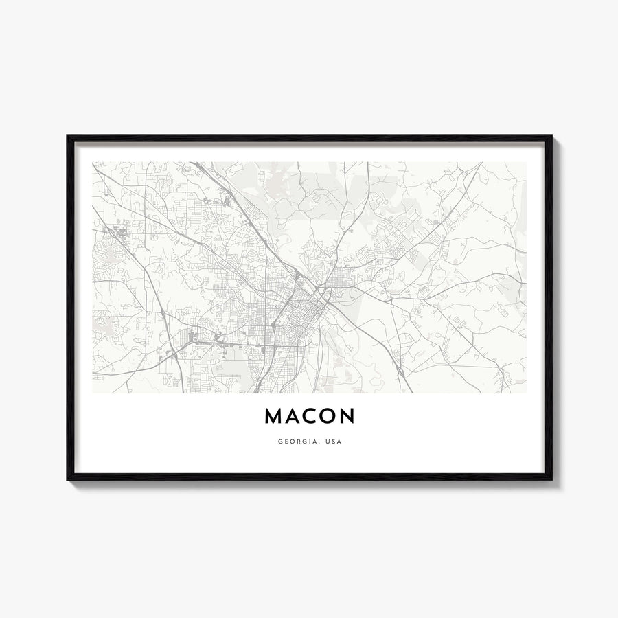 Macon black & white map poster of Georgia, USA – horizontal wall art, unframed print shown in interior mockup