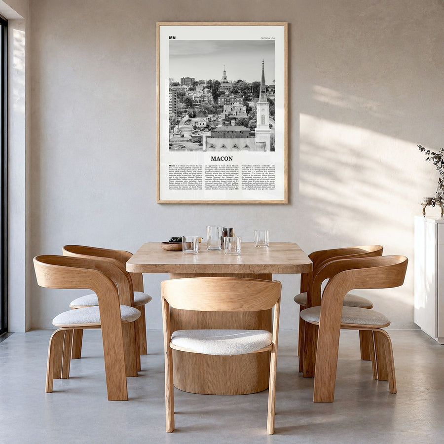 Macon Newspaper Poster in a natural wood frame, hanging in a dining room