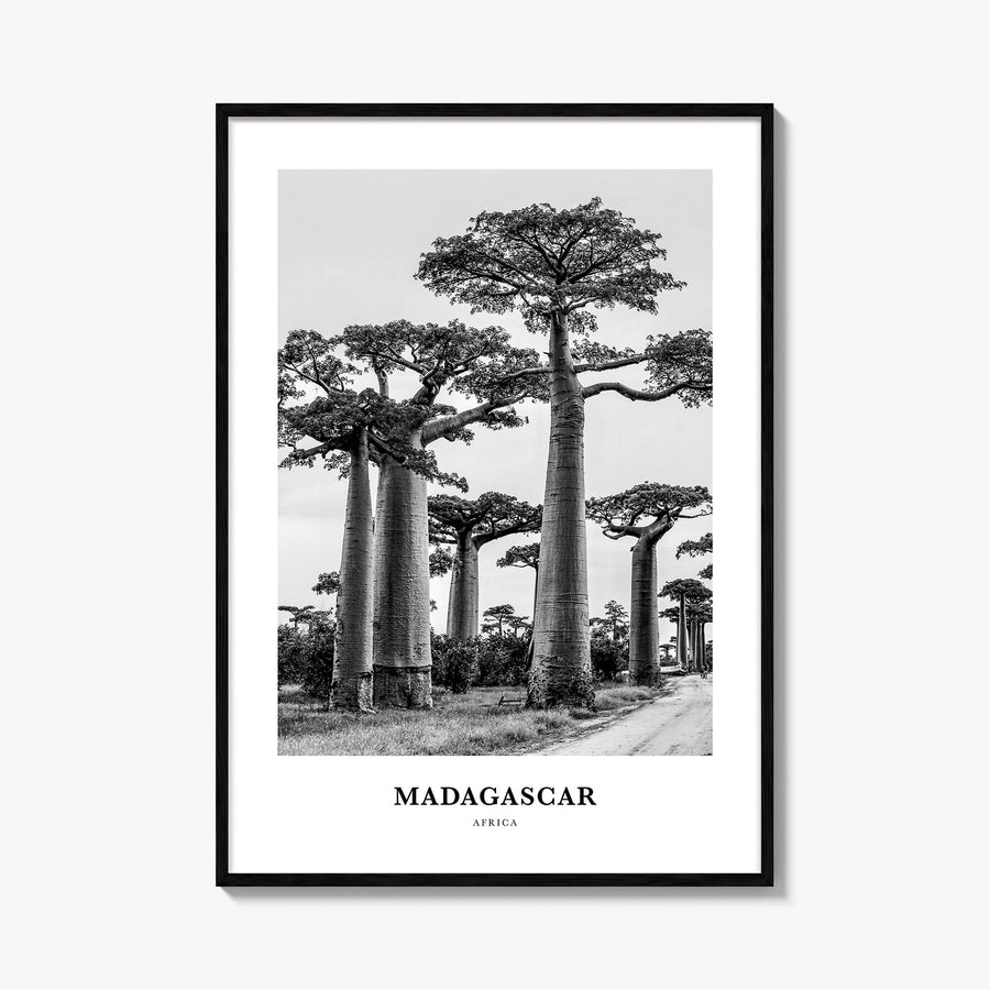 Madagascar black & white classic poster of Africa – vertical wall art, unframed print shown in interior mockup