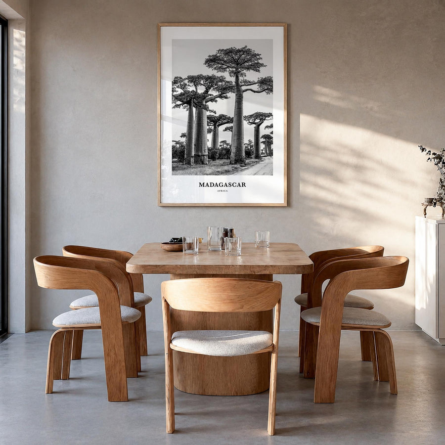 Madagascar black & white classic poster of Africa – vertical wall art in natural wood frame, hanging on wall