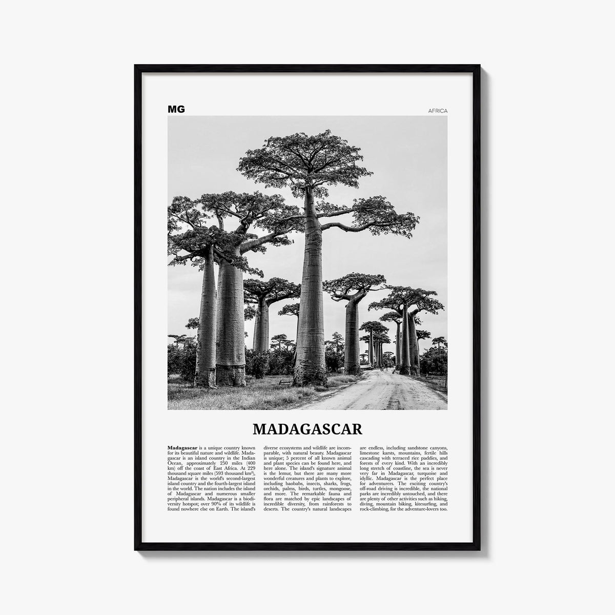 Madagascar black & white newspaper poster of Africa – vertical wall art, unframed print shown in interior mockup