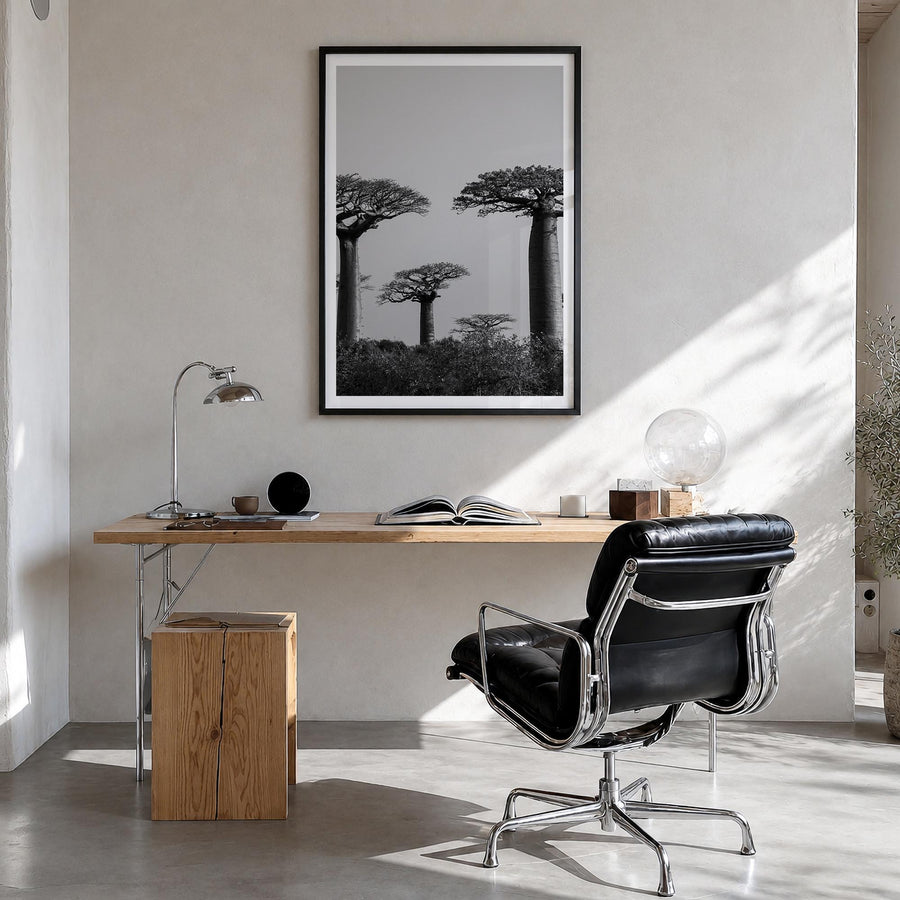 Madagascar black & white photo poster of Africa – vertical wall art in black wood frame with white border, hanging on wall