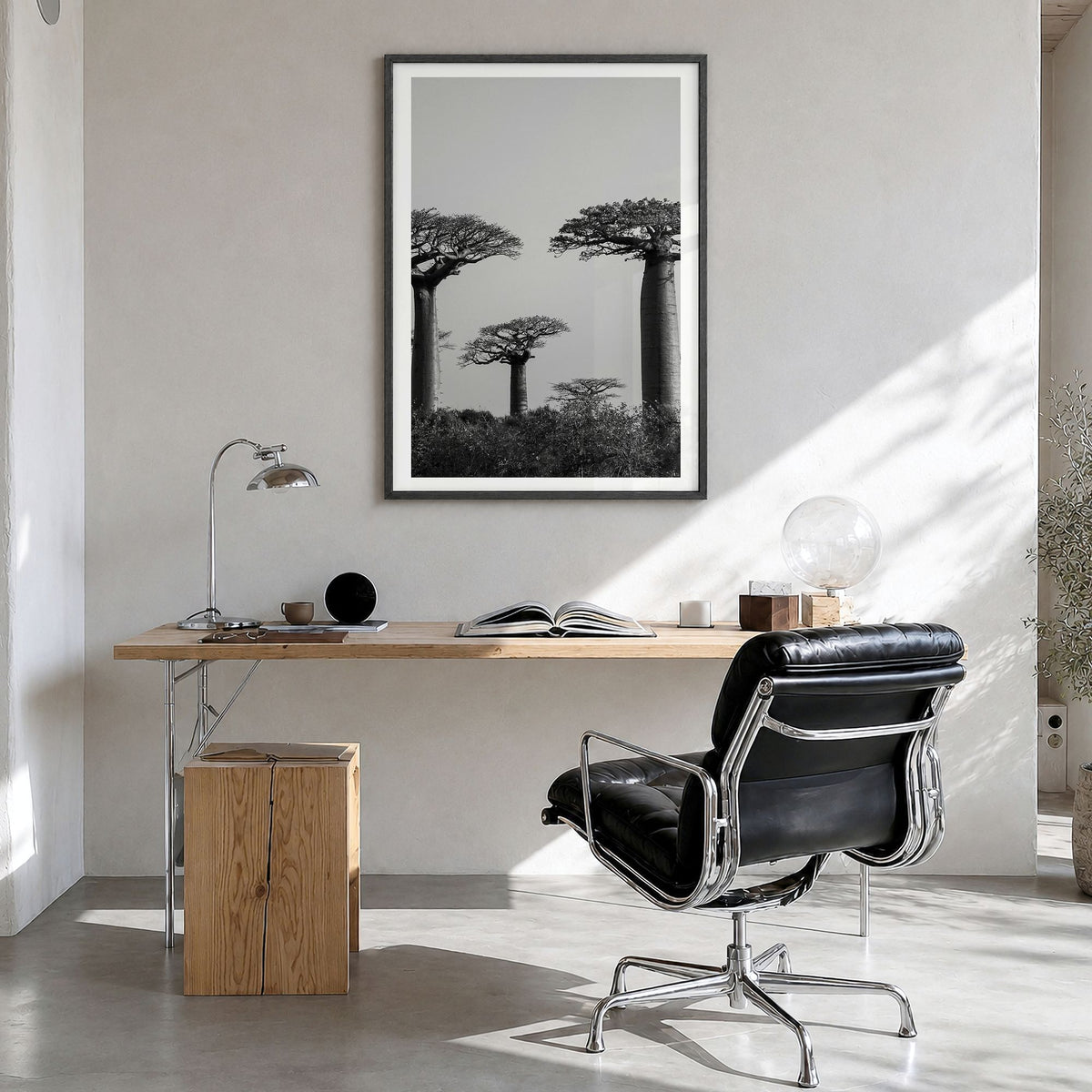 Madagascar Photo Poster in a black wood frame, hanging in a bright home office, white border