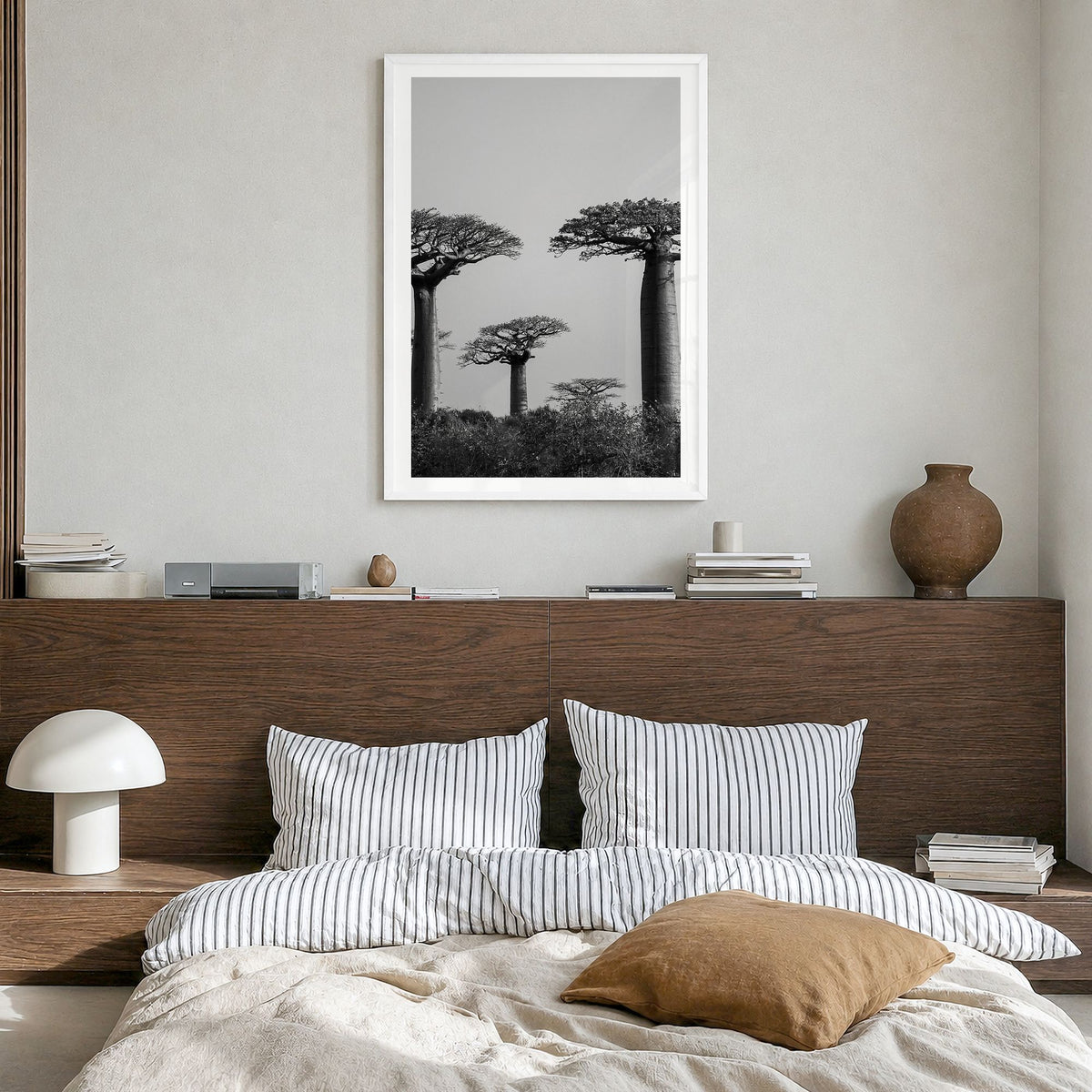 Madagascar Photo Poster in a white wood frame, hanging in a bedroom, white border