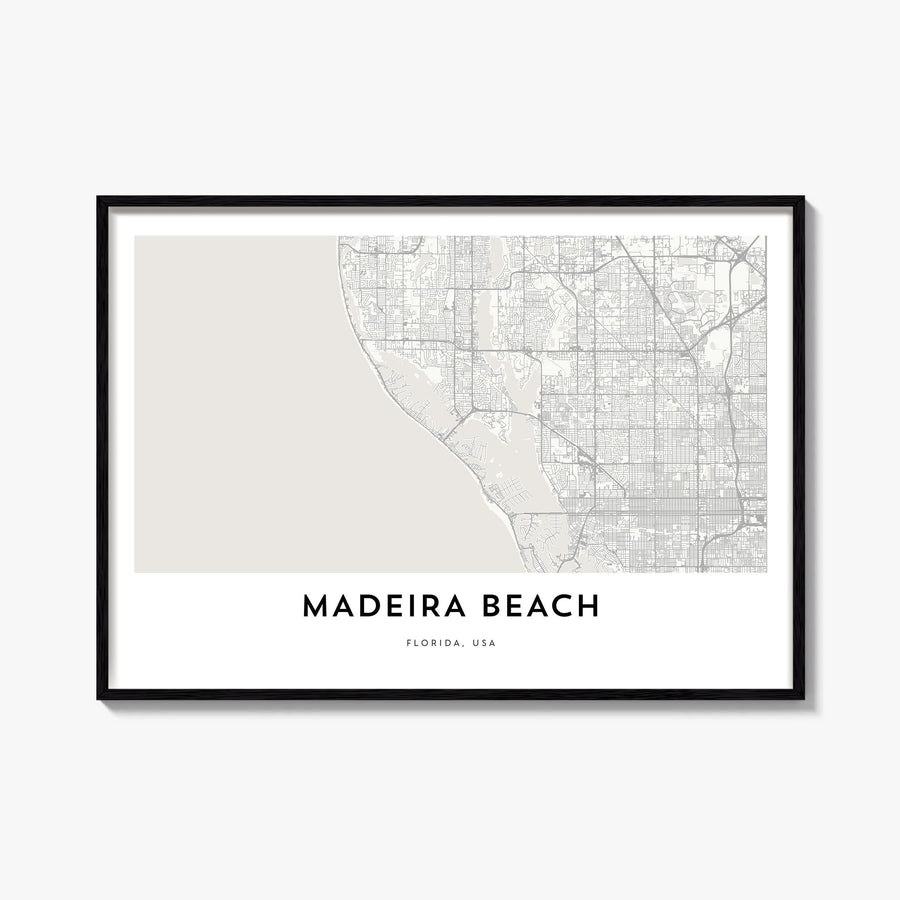 Madeira Beach black & white map poster of Florida, USA – horizontal wall art, unframed print shown in interior mockup