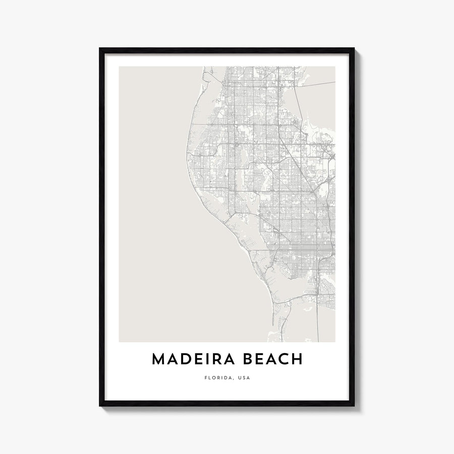 Madeira Beach black & white map poster of Florida, USA – vertical wall art, unframed print shown in interior mockup