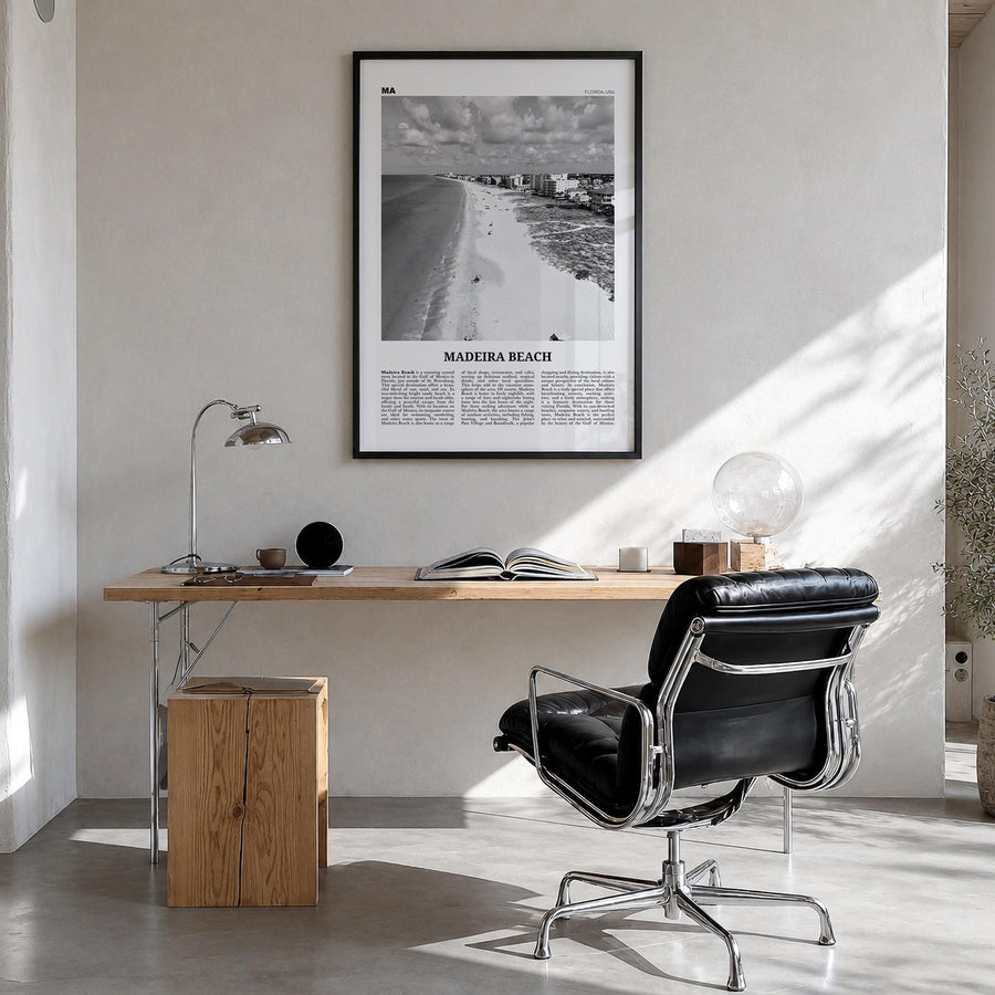 Madeira Beach black & white newspaper poster of Florida, USA – vertical wall art in black wood frame, hanging on wall