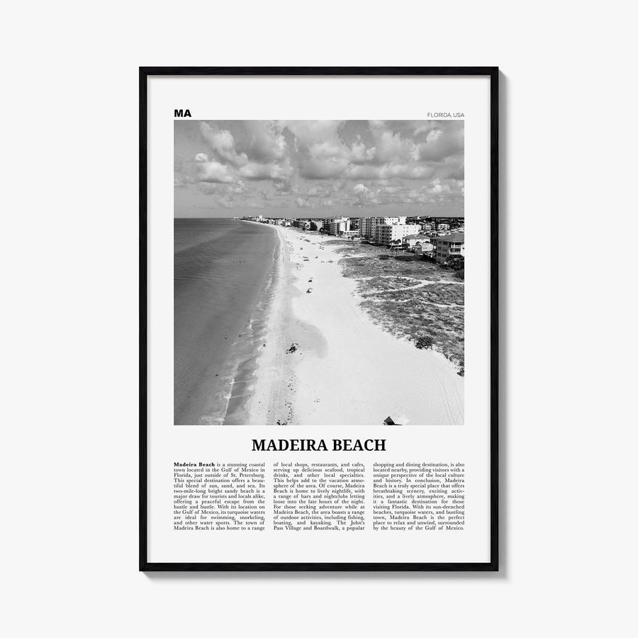 Madeira Beach black & white newspaper poster of Florida, USA – vertical wall art, unframed print shown in interior mockup