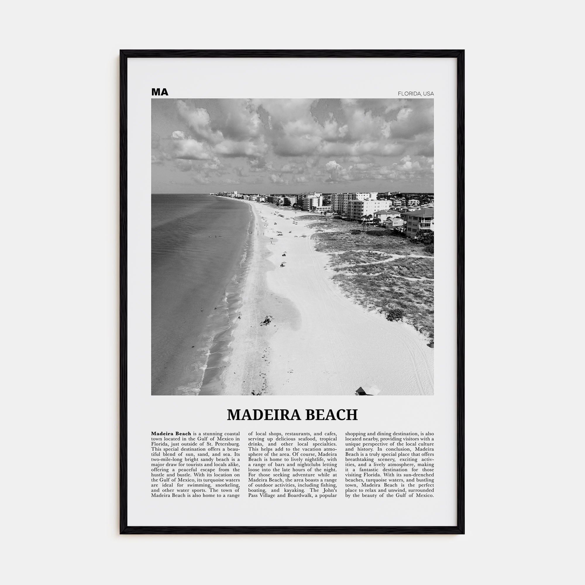 Madeira Beach Poster Black Wood / 8x12 in Nbourhood Travel B&W Poster