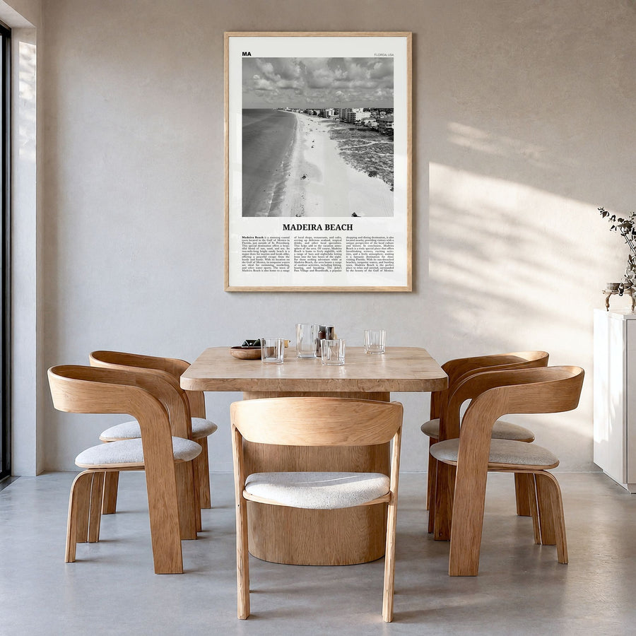 Madeira Beach Newspaper Poster in a natural wood frame, hanging in a dining room