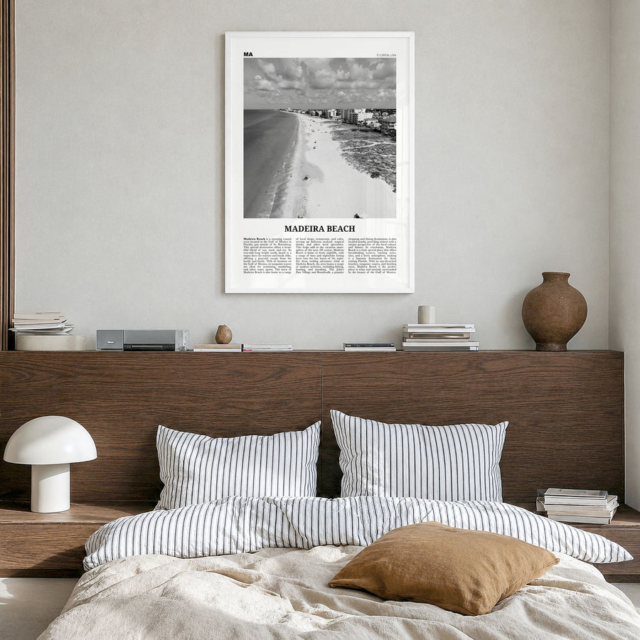 Madeira Beach Newspaper Poster in a white wood frame, hanging in a bedroom