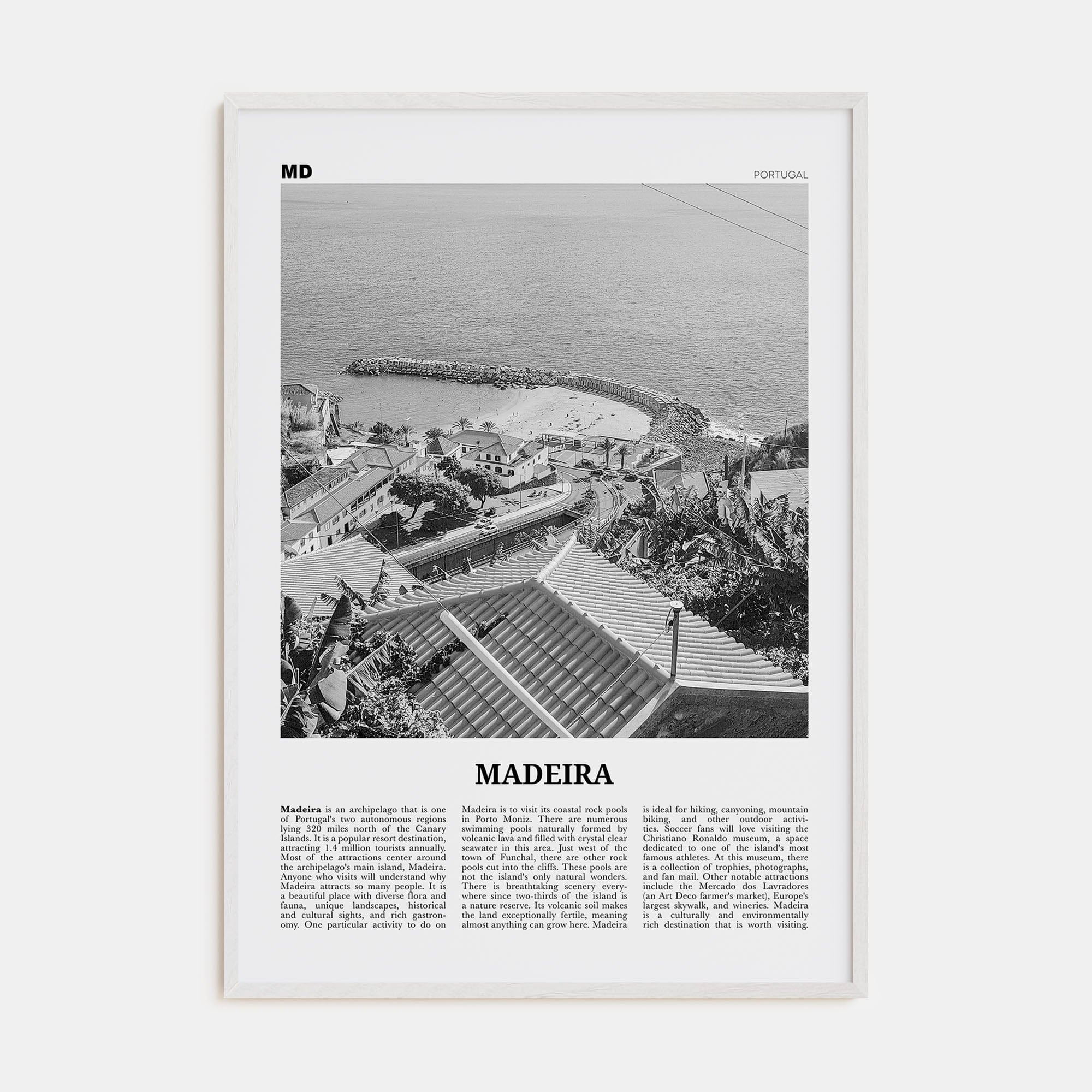 Madeira Poster White Wood / 8x12 in Nbourhood Travel B&W Poster