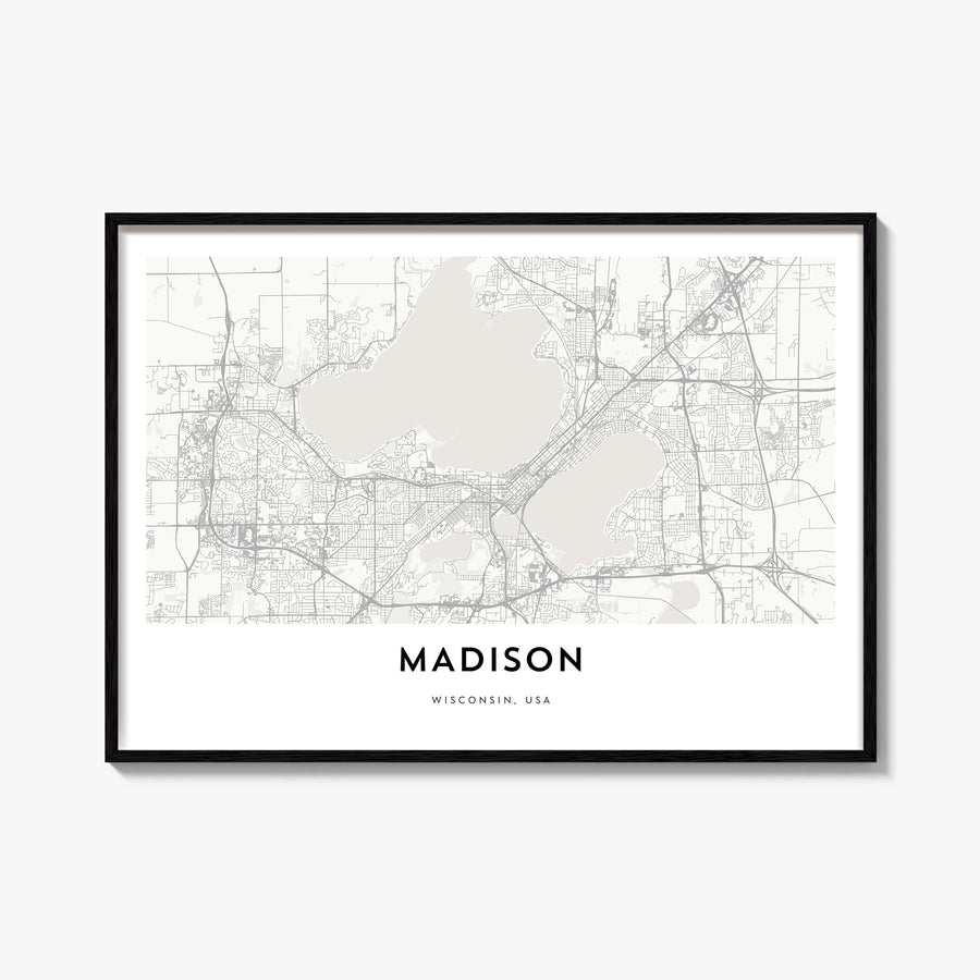 Madison black & white map poster of Wisconsin, USA – horizontal wall art, unframed print shown in interior mockup