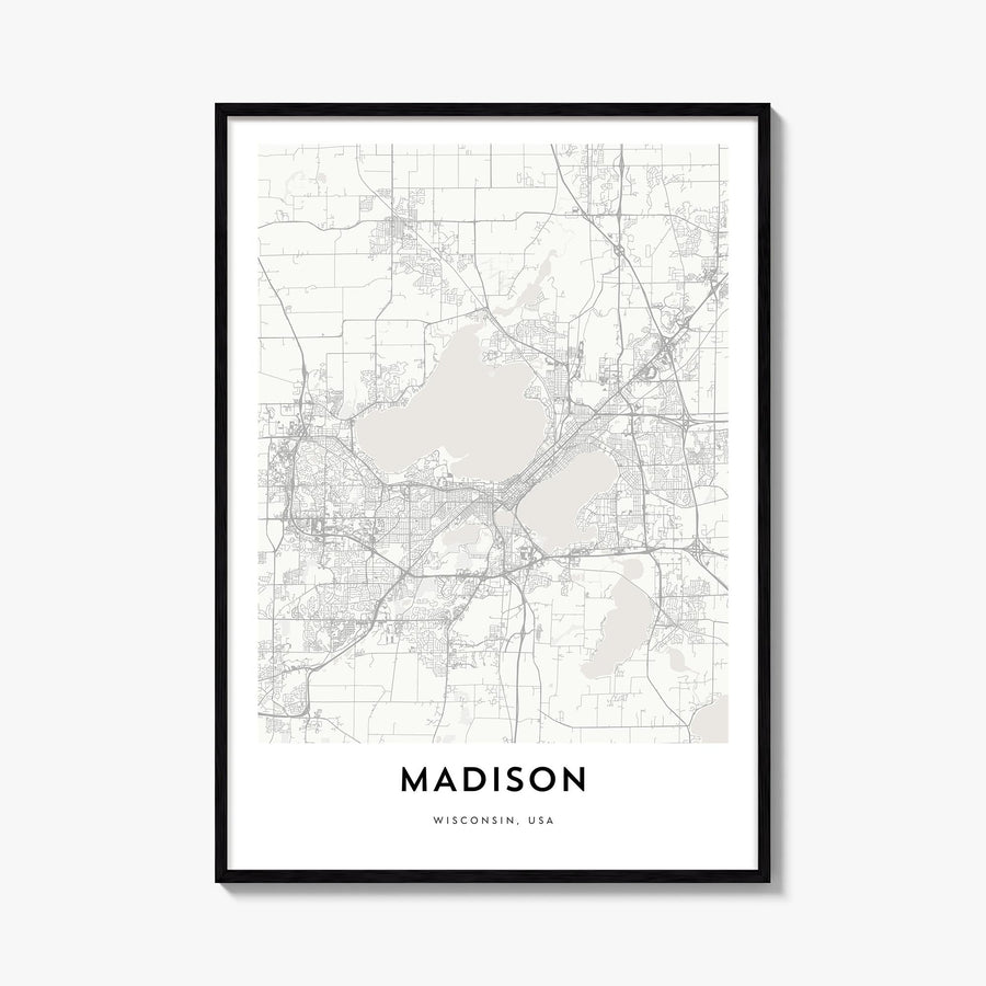 Madison black & white map poster of Wisconsin, USA – vertical wall art, unframed print shown in interior mockup