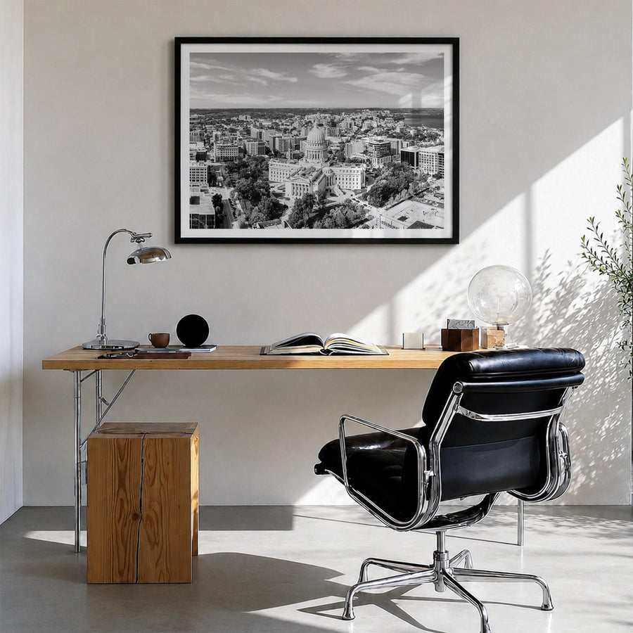 Madison black & white photo poster of Wisconsin, USA – horizontal wall art in black wood frame with white border, hanging on 
