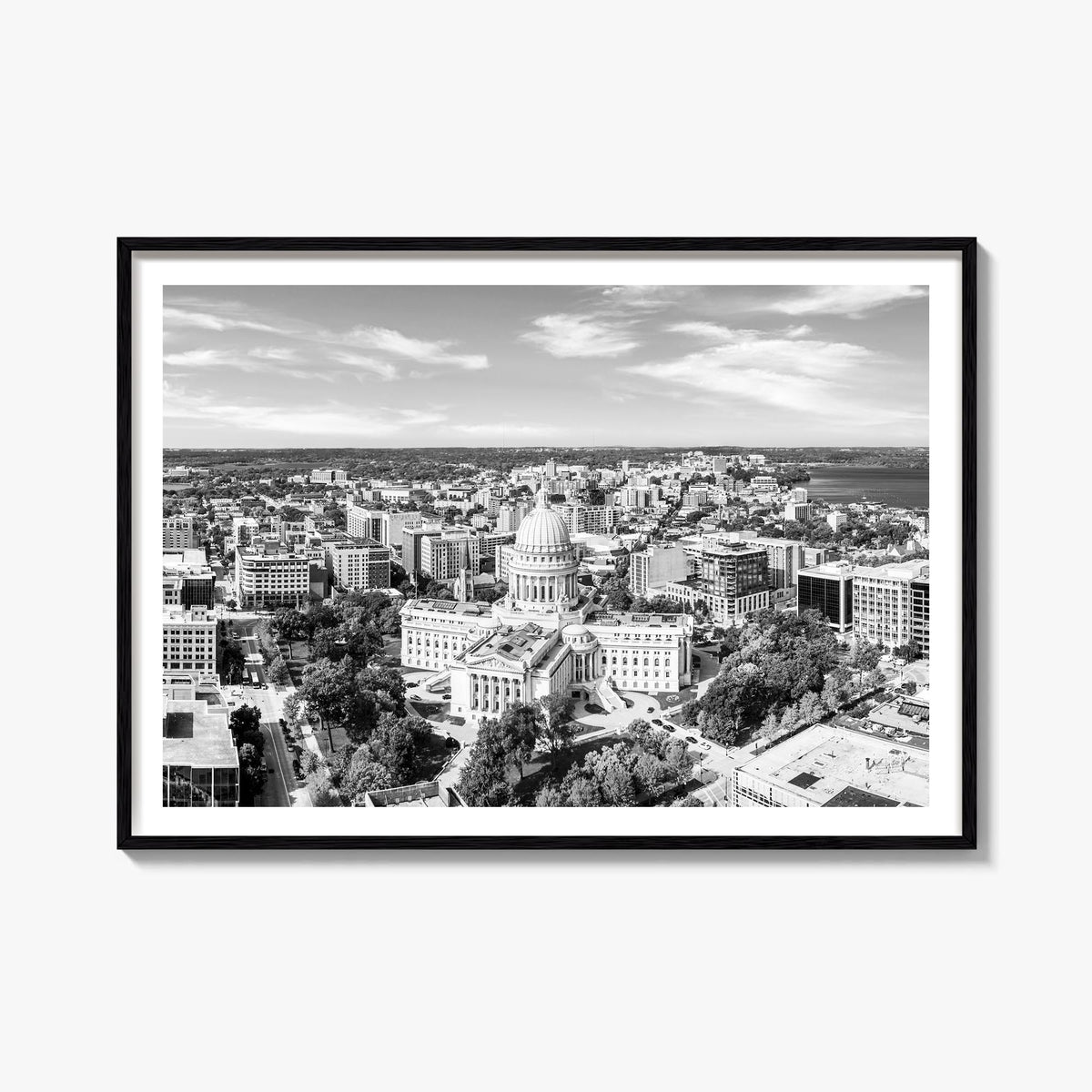 Madison black & white photo poster of Wisconsin, USA – horizontal wall art, unframed print shown in interior mockup