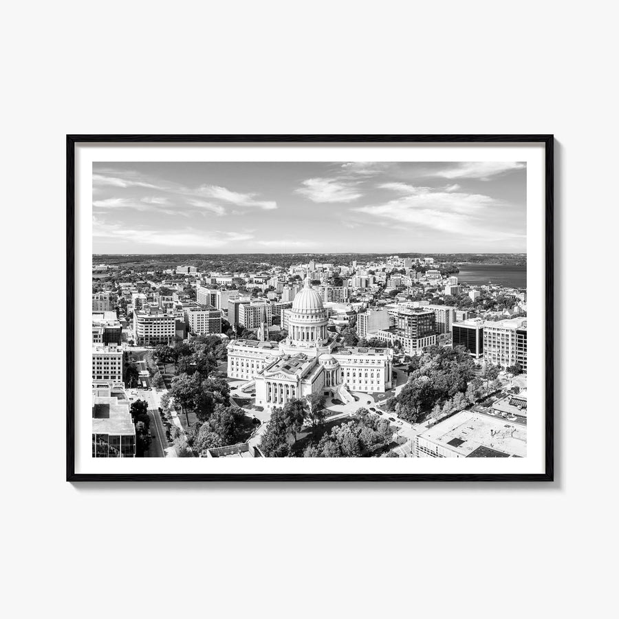 Madison black & white photo poster of Wisconsin, USA – horizontal wall art, unframed print shown in interior mockup