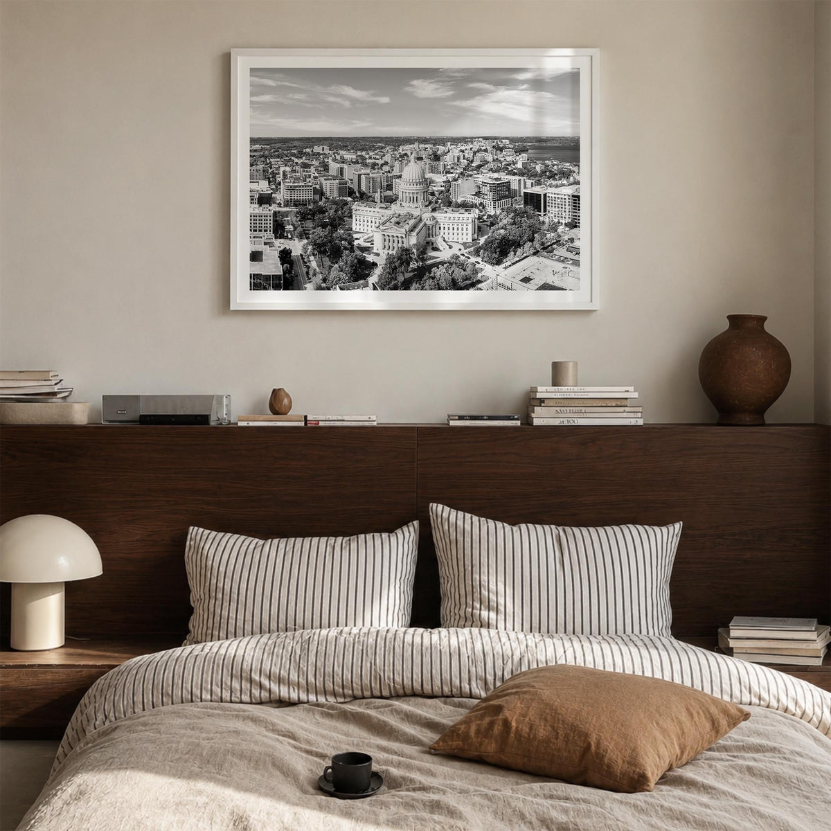 Madison black & white photo poster of Wisconsin, USA – horizontal wall art in white wood frame with white border, hanging on 