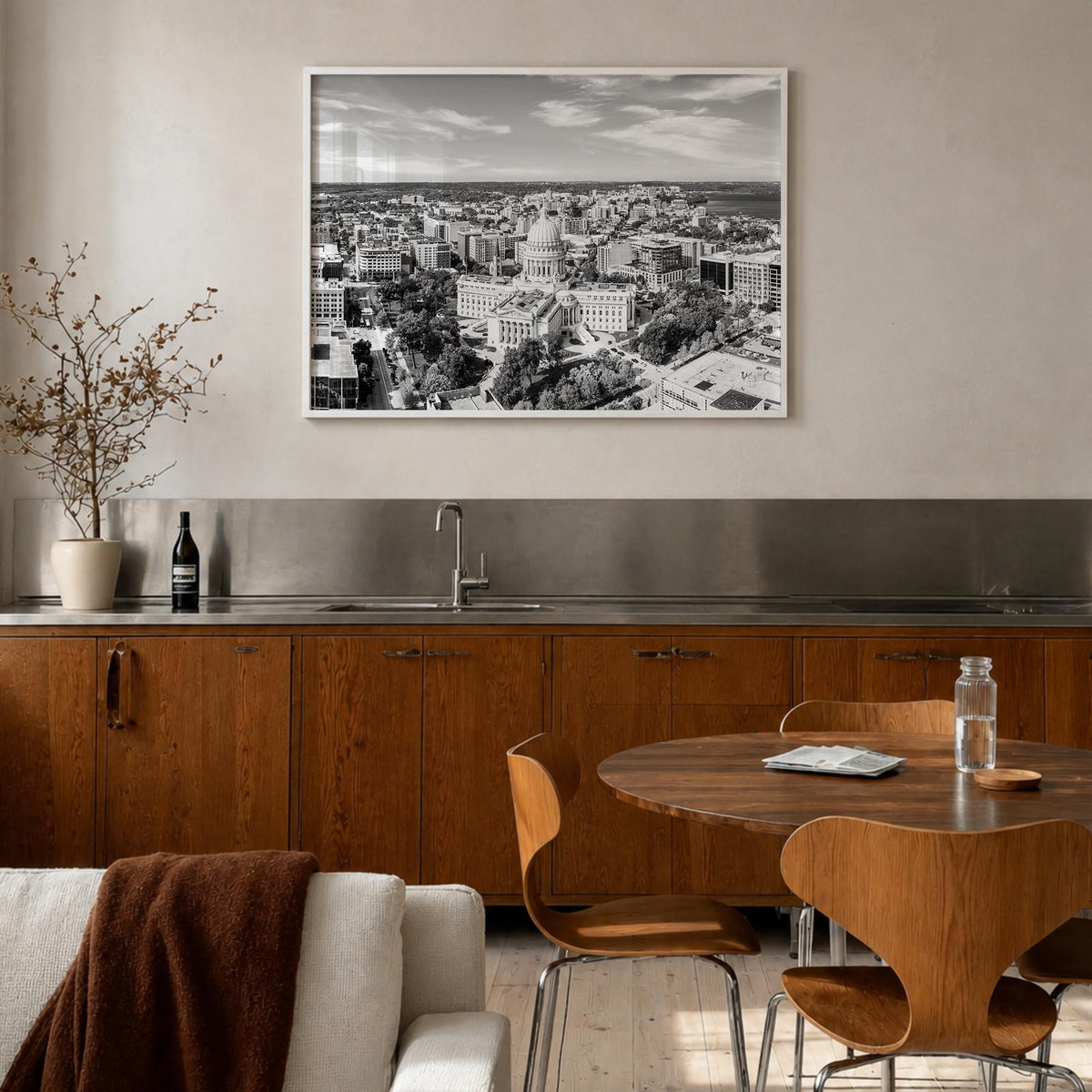 Madison black & white photo poster of Wisconsin, USA – horizontal wall art in white wood frame, hanging on wall