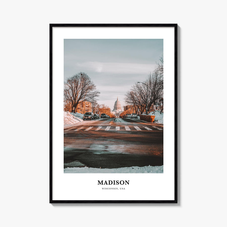Madison colorful classic poster of Wisconsin, USA – vertical wall art, unframed print shown in interior mockup