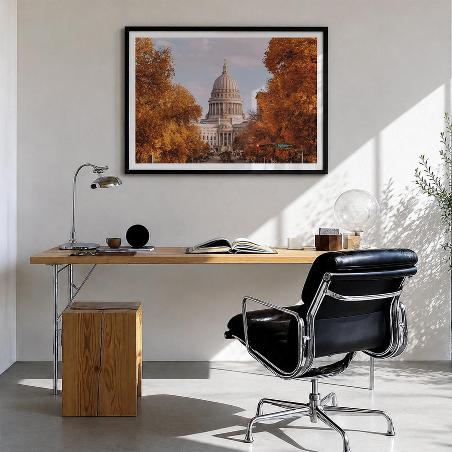 Madison colorful photo poster of Wisconsin, USA – horizontal wall art in black wood frame with white border, hanging on wall