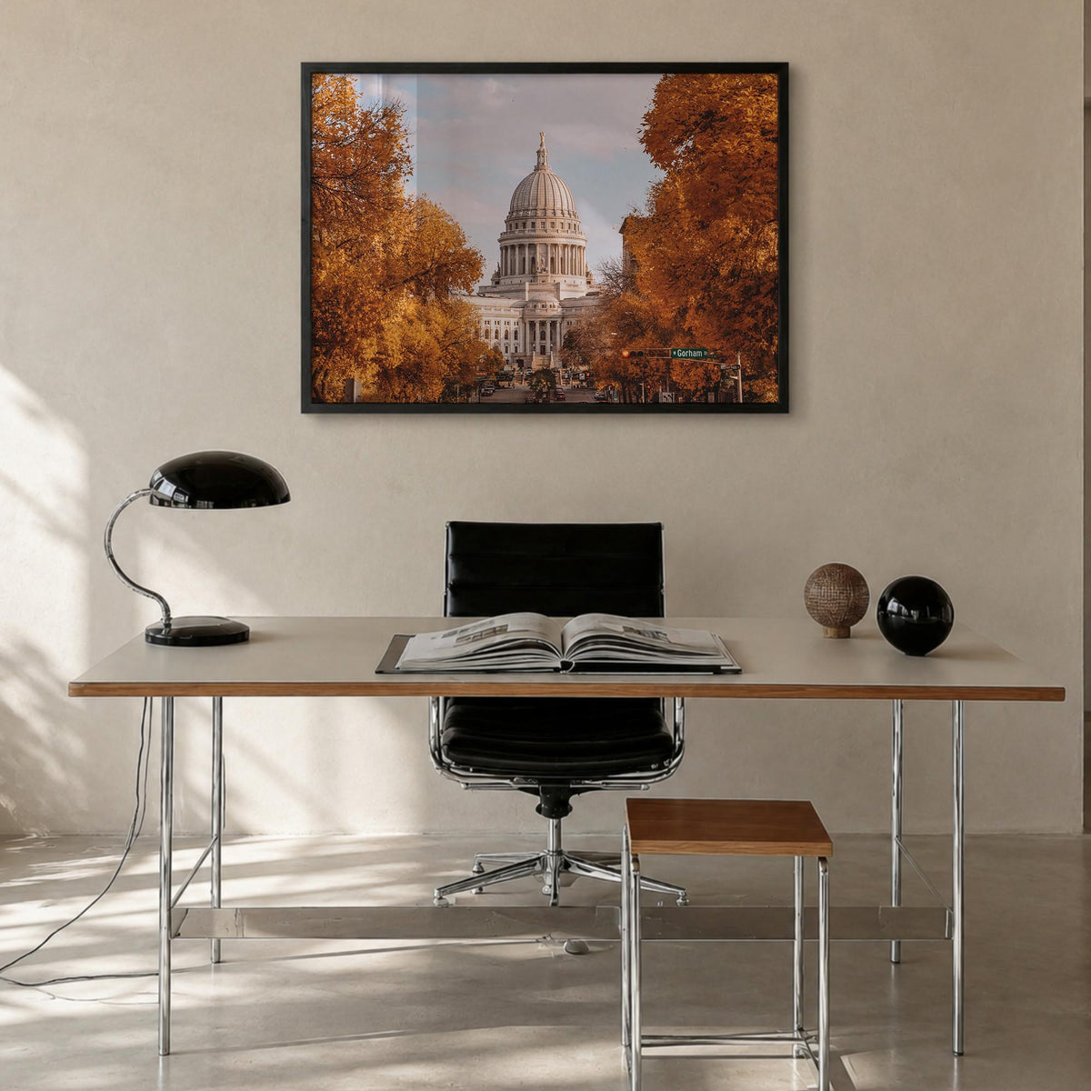 Madison colorful photo poster of Wisconsin, USA – horizontal wall art in black wood frame, hanging on wall