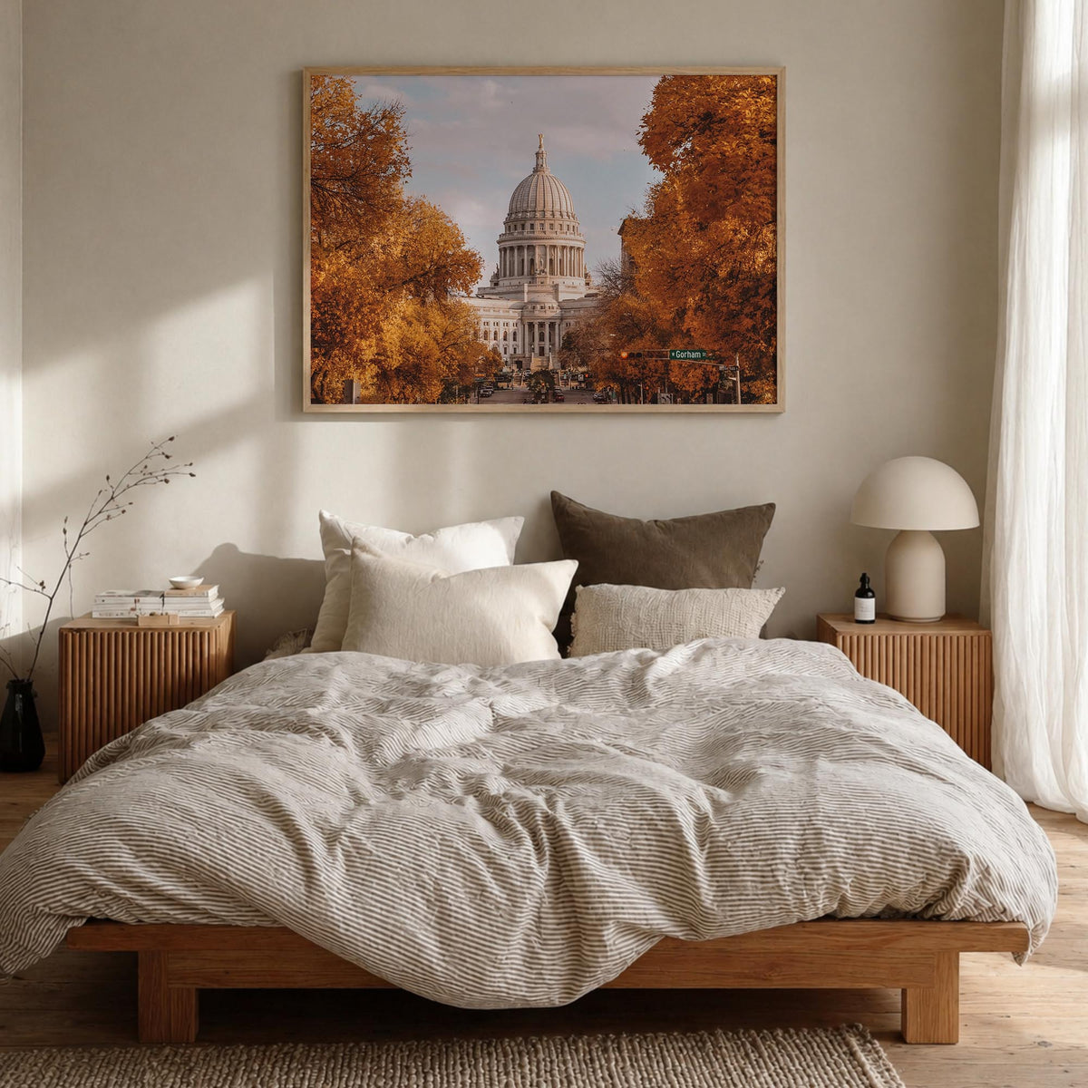 Madison colorful photo poster of Wisconsin, USA – horizontal wall art in natural wood frame, hanging on wall