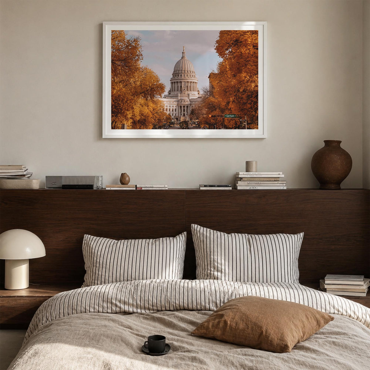 Madison colorful photo poster of Wisconsin, USA – horizontal wall art in white wood frame with white border, hanging on wall