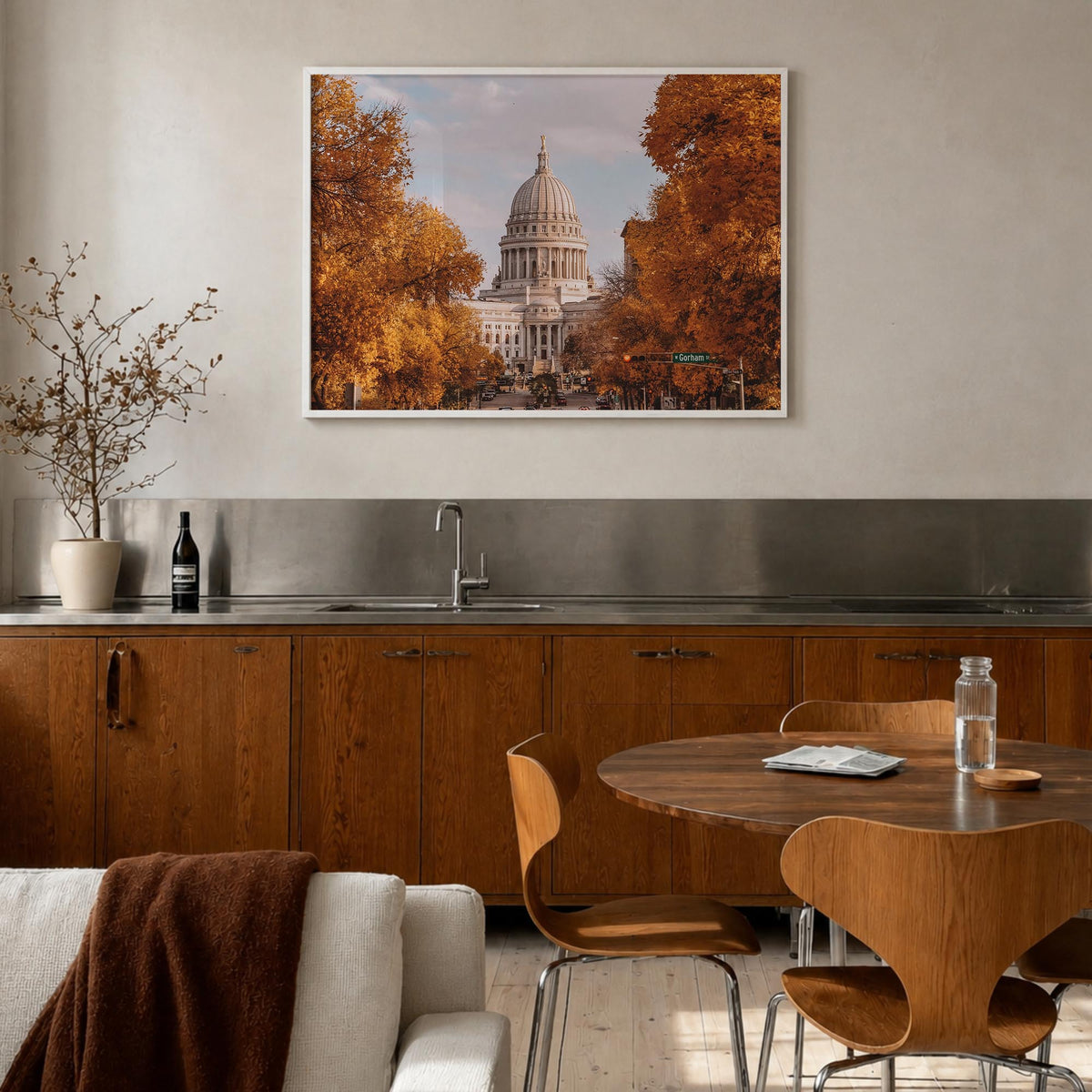 Madison colorful photo poster of Wisconsin, USA – horizontal wall art in white wood frame, hanging on wall