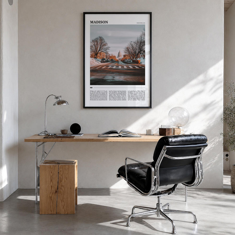 Madison colorful travel poster of Wisconsin, USA – vertical wall art in black wood frame, hanging on wall