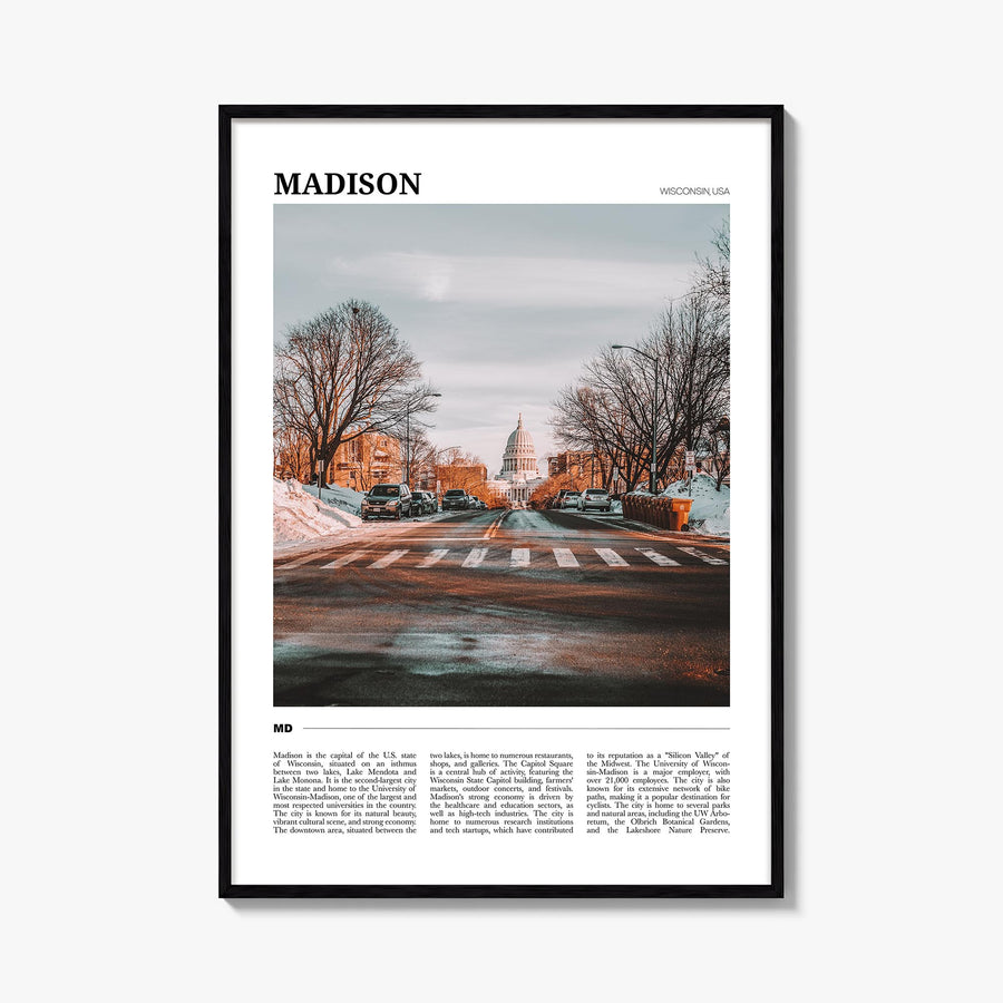 Madison colorful travel poster of Wisconsin, USA – vertical wall art, unframed print shown in interior mockup
