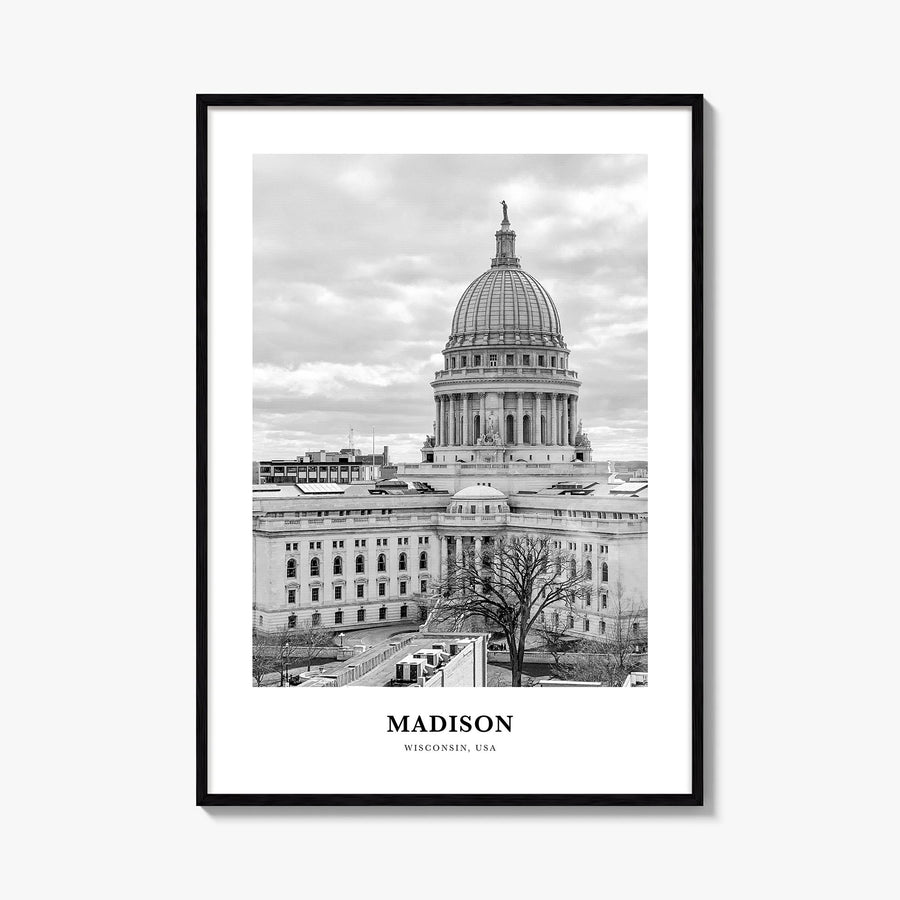 Madison no. 1 black & white classic poster of Wisconsin, USA – vertical wall art, unframed print shown in interior mockup