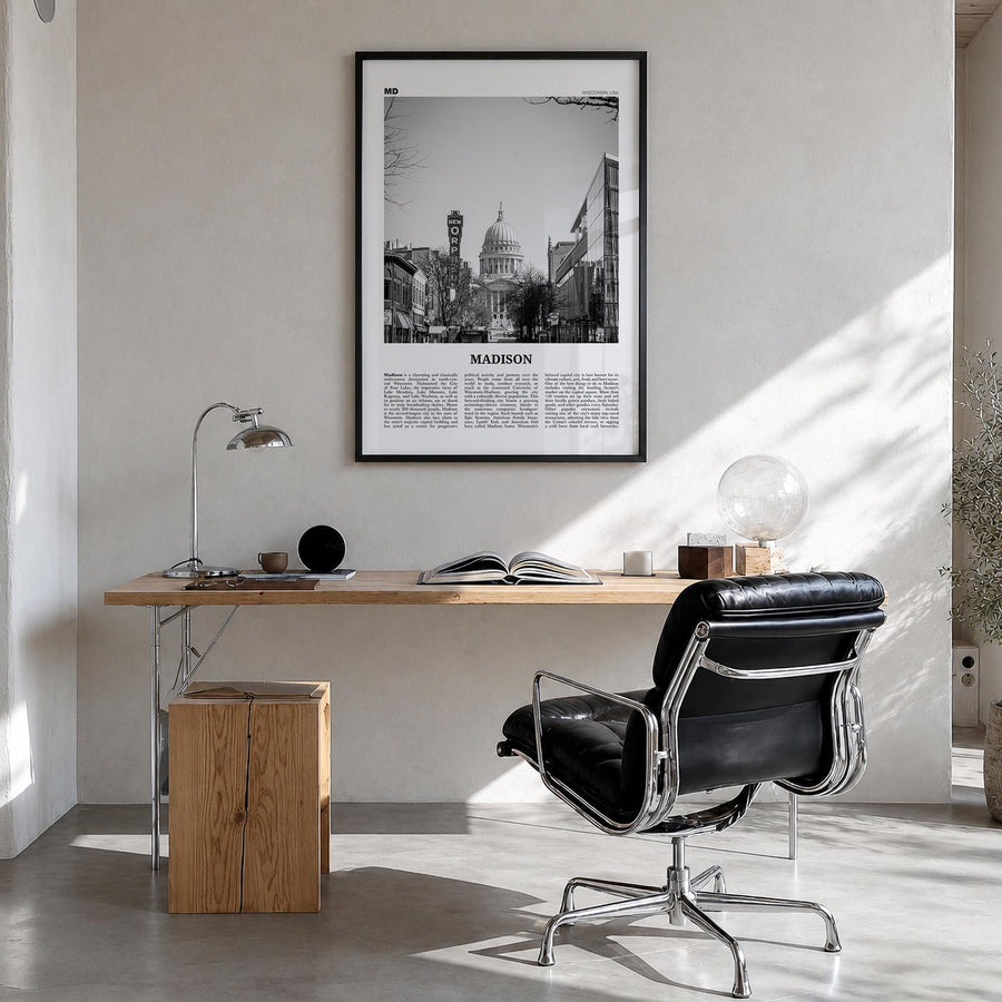 Madison no. 1 black & white newspaper poster of Wisconsin, USA – vertical wall art in black wood frame, hanging on wall