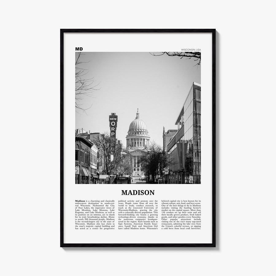 Madison no. 1 black & white newspaper poster of Wisconsin, USA – vertical wall art, unframed print shown in interior mockup