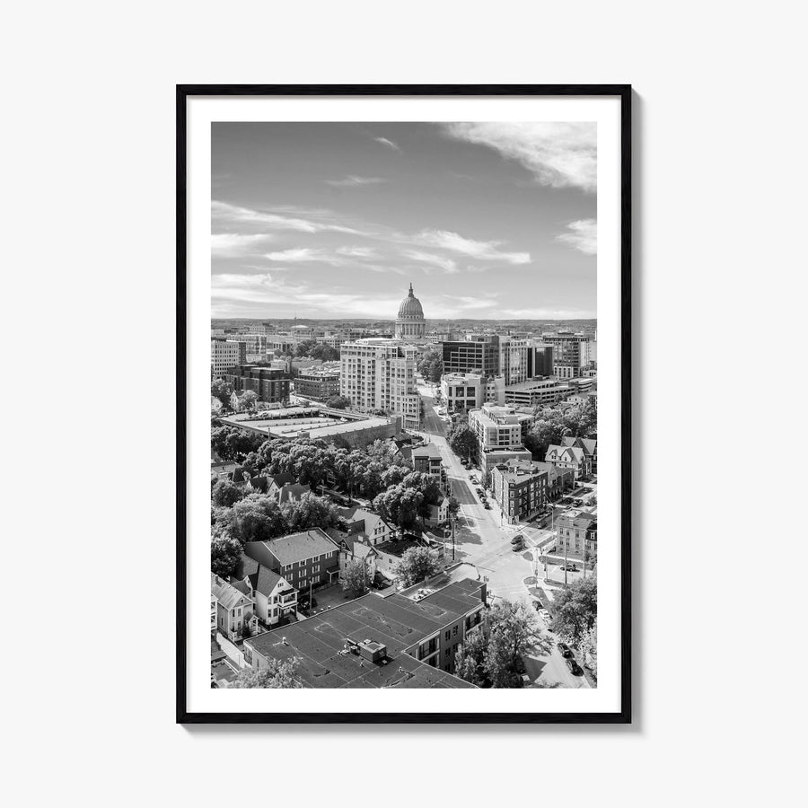 Madison no. 1 black & white photo poster of Wisconsin, USA – vertical wall art, unframed print shown in interior mockup