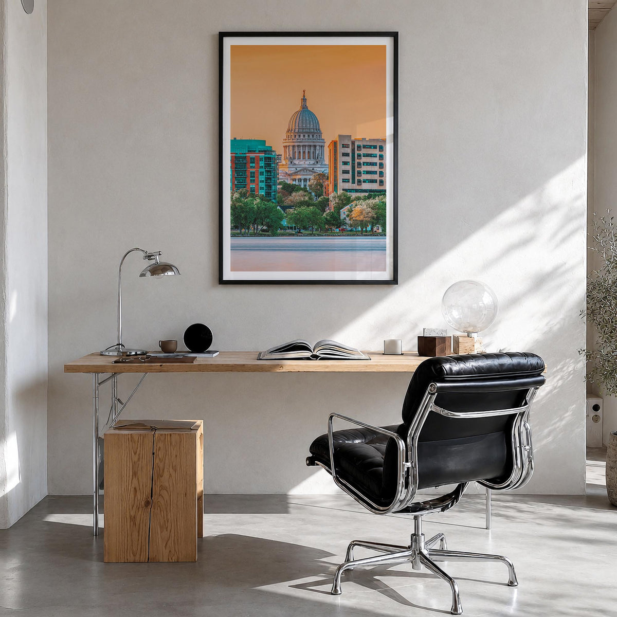 Madison no. 1 colorful photo poster of Wisconsin, USA – vertical wall art in black wood frame with white border, hanging on w