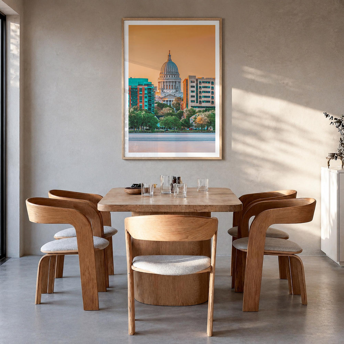 Madison no. 1 colorful photo poster of Wisconsin, USA – vertical wall art in natural wood frame with white border, hanging on