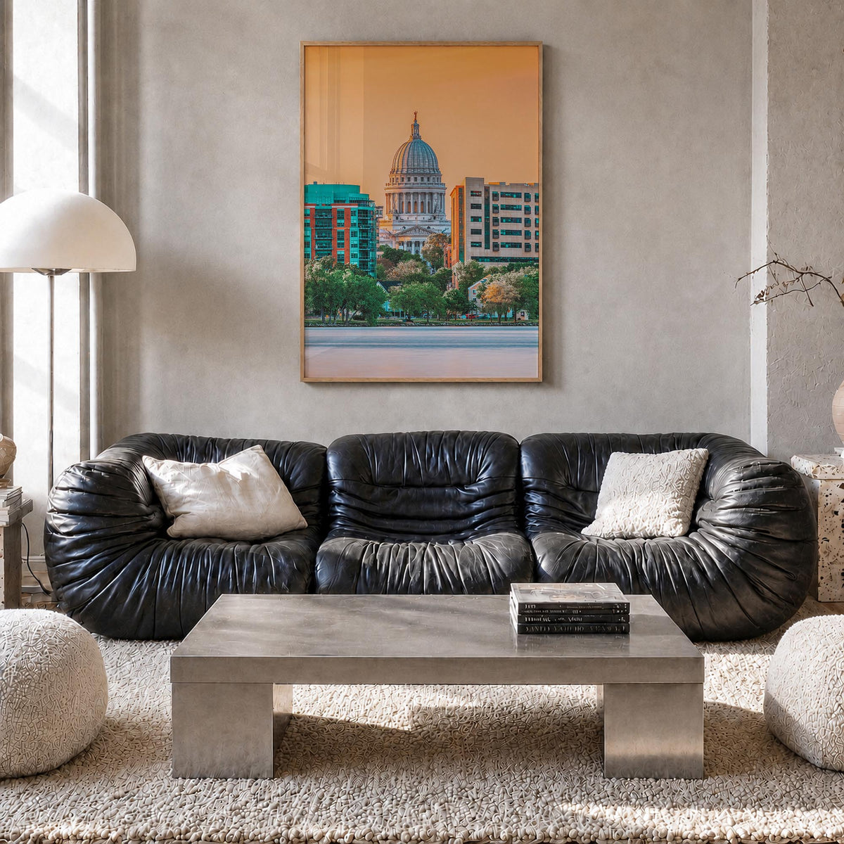 Madison no. 1 colorful photo poster of Wisconsin, USA – vertical wall art in natural wood frame, hanging on wall
