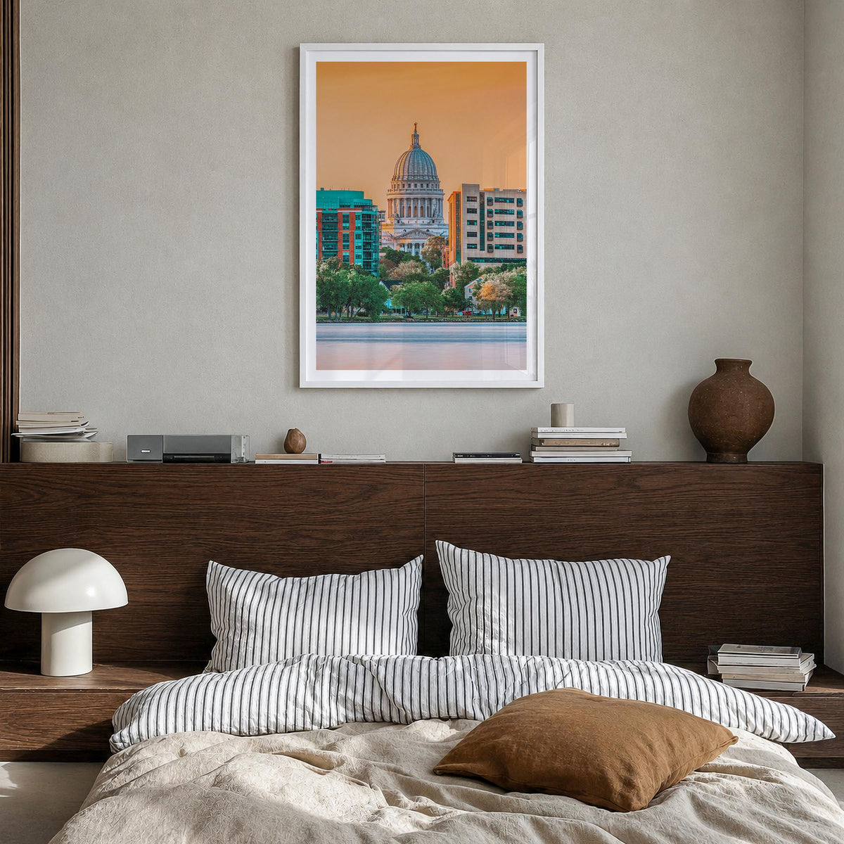 Madison no. 1 colorful photo poster of Wisconsin, USA – vertical wall art in white wood frame with white border, hanging on w