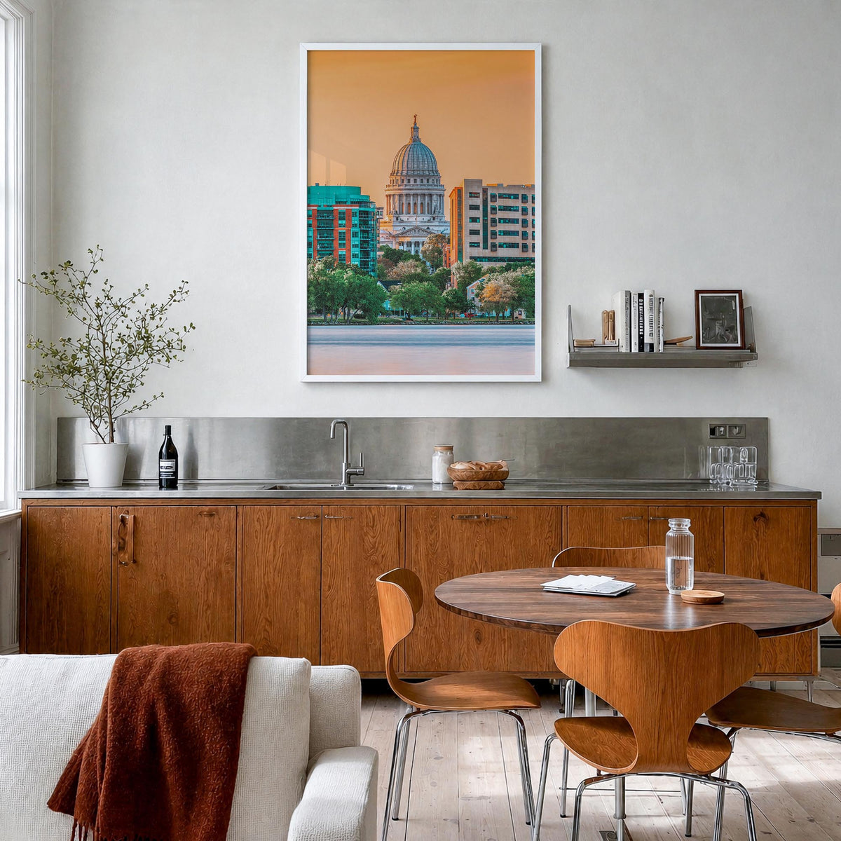 Madison no. 1 colorful photo poster of Wisconsin, USA – vertical wall art in white wood frame, hanging on wall